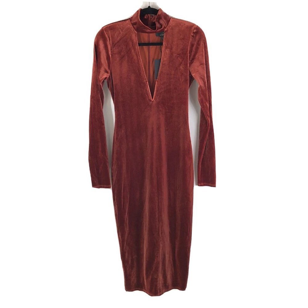 Michael Costello x Revolve Dress Midi Shoulderpads Velvet Long Sleeve Orange S